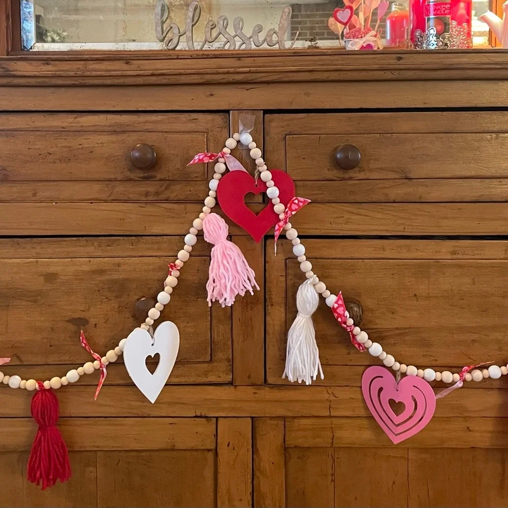 Handmade Heart, Tassel, and Ribbon Garland with Pink, Red, and White 6 ft long